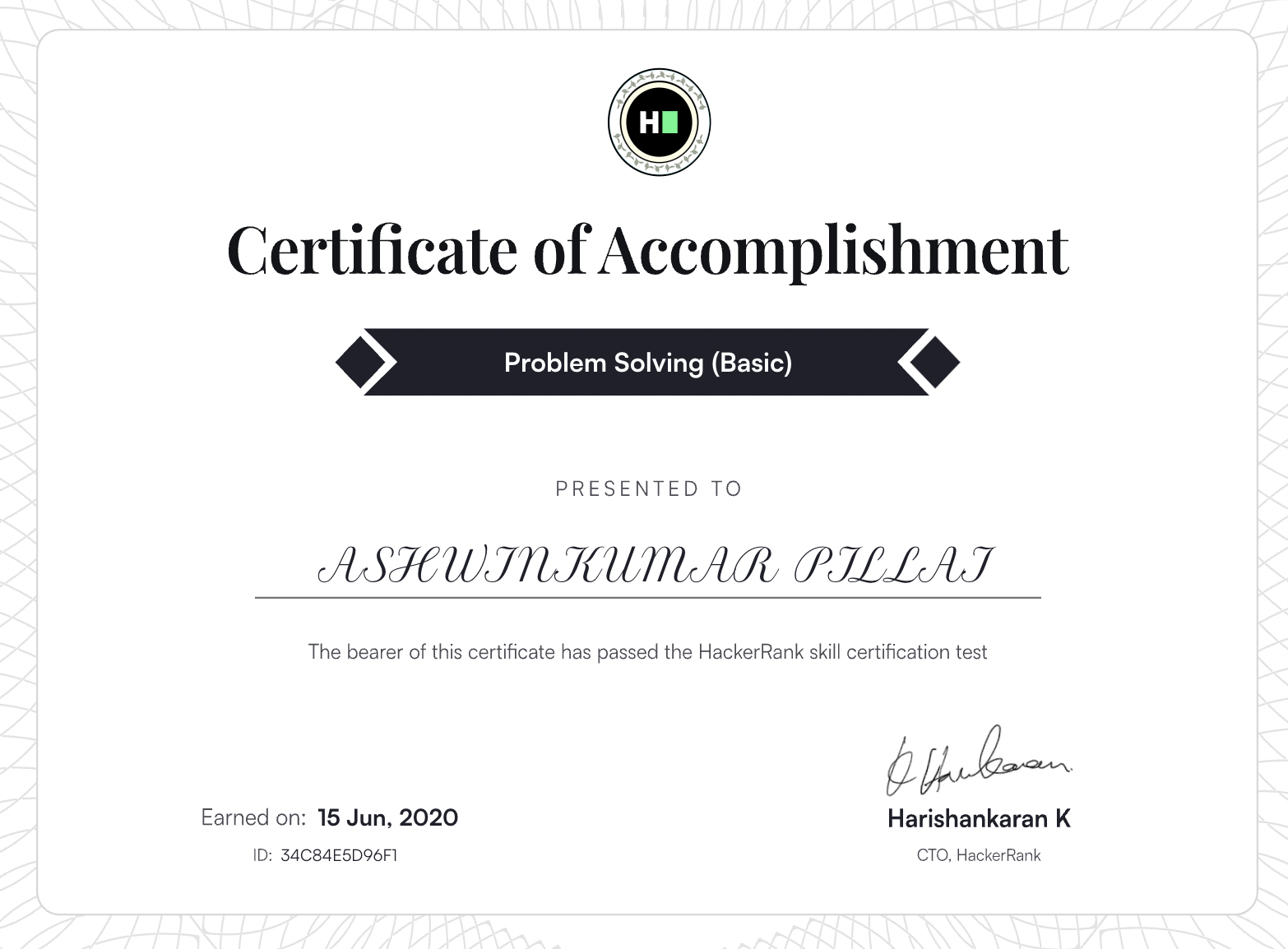 HackerRank Problem Solving (Basic) Certificate