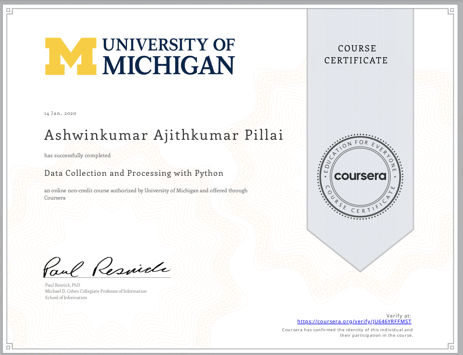 Data Collection and Processing with Python by University of Michigan on Coursera